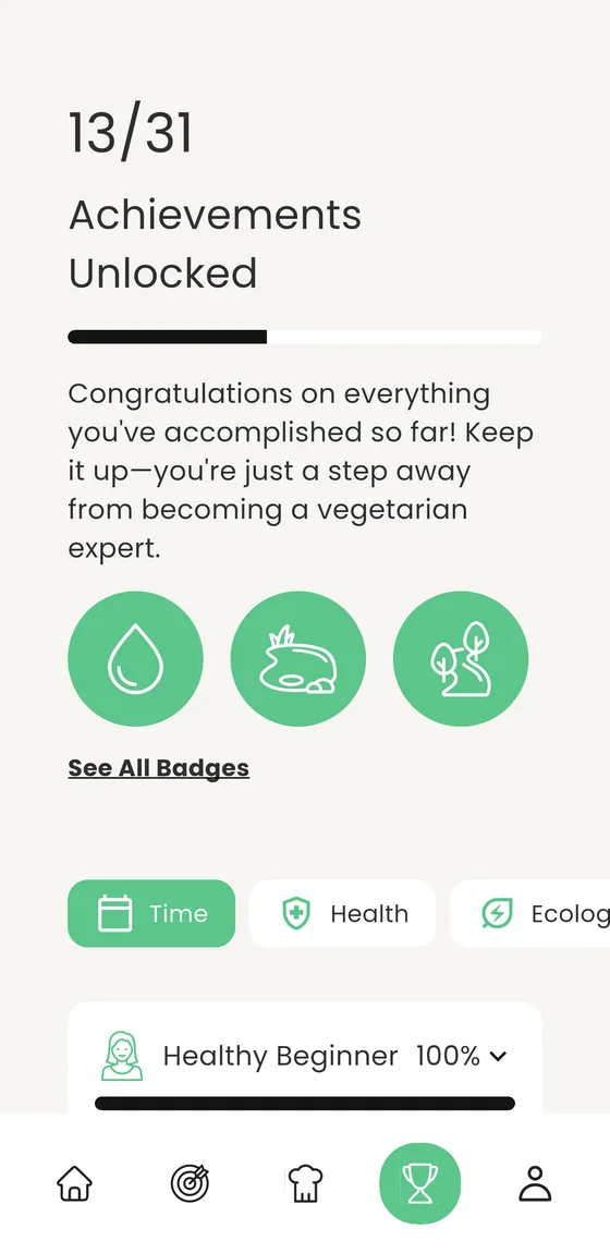The badges screen in the Veegee app