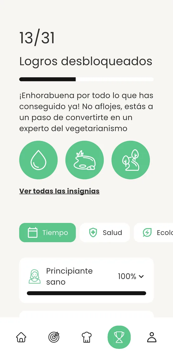 La pantalla de insignias de la app Veegee