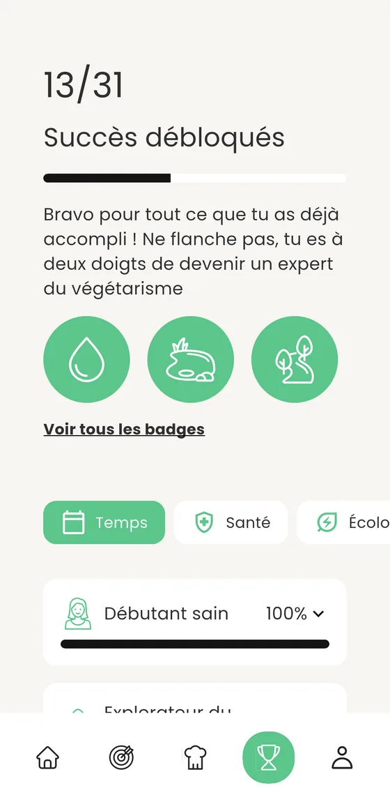 L'écran des badges de l'app Veegee